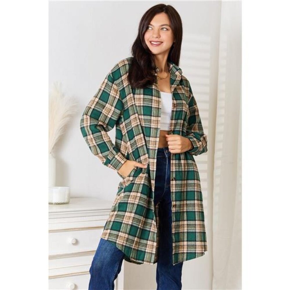 Mandy Plaid Collared Neck Long Sleeve Shirt‎